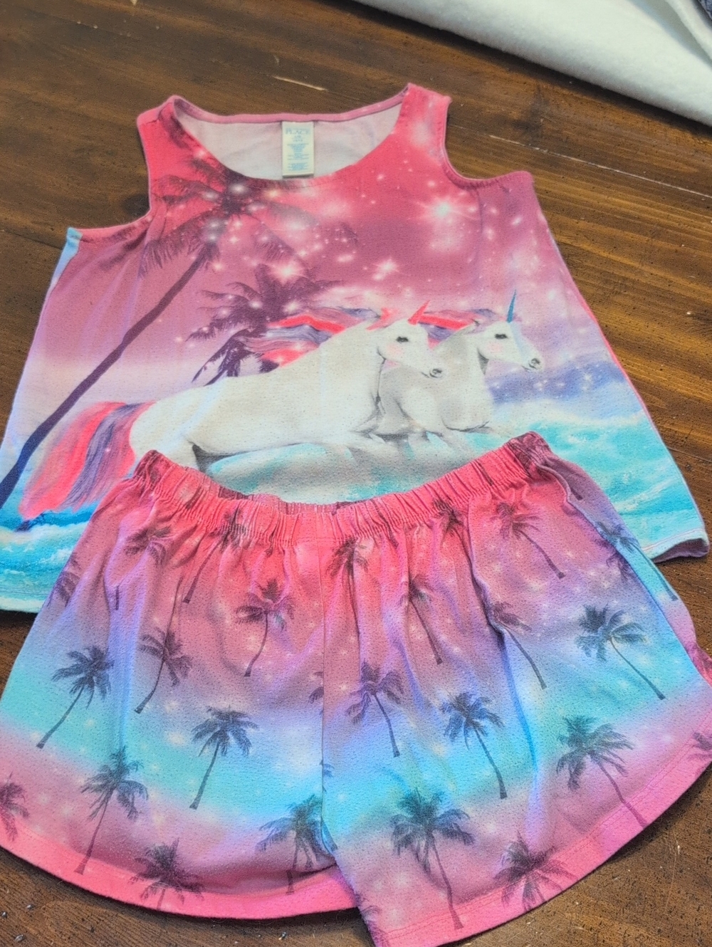 Girls Pink Unicorn Pajama Set - Tropical Palm Print